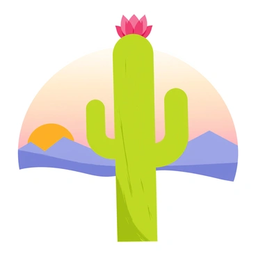A tall green cactus with multiple arms is positioned prominently in the foreground. At the top of the cactus, a vibrant pink blooming flower is open, contrasting against the green. In the background, there are distant mountains with a soft blue hue, creating depth in the landscape. The sky above transitions from warm orange to deep blue, indicating a sunset. The entire scene is framed to emphasize the cactus and its beautiful flower against the mountainous backdrop.