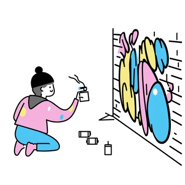 A street artist, wearing a black beanie and a colorful paint-splattered jacket, is kneeling beside a vibrant mural. The mural features an intricate design of abstract shapes and bold colors. The artist is holding a lighter to the nozzle of a spray paint can, preparing to create a new layer of color on the mural. The surroundings include brick walls and scattered paint cans, creating an urban atmosphere.