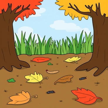 A vibrant scene depicting the cycle of nature. The foreground features several colorful leaves in various stages of falling from tall trees above. Among the fallen leaves, some are in rich hues of red, yellow, and orange, scattered across the ground. A few leaves are in the process of decomposing, showing textures and hints of brown and black. Small earthworms and insects are visible, contributing to the breakdown of organic matter. In the background, lush green sprouts are emerging from the nutrient-rich soil, showcasing fresh plant life thriving. Sunlight filters through the trees, casting playful shadows on the earth.