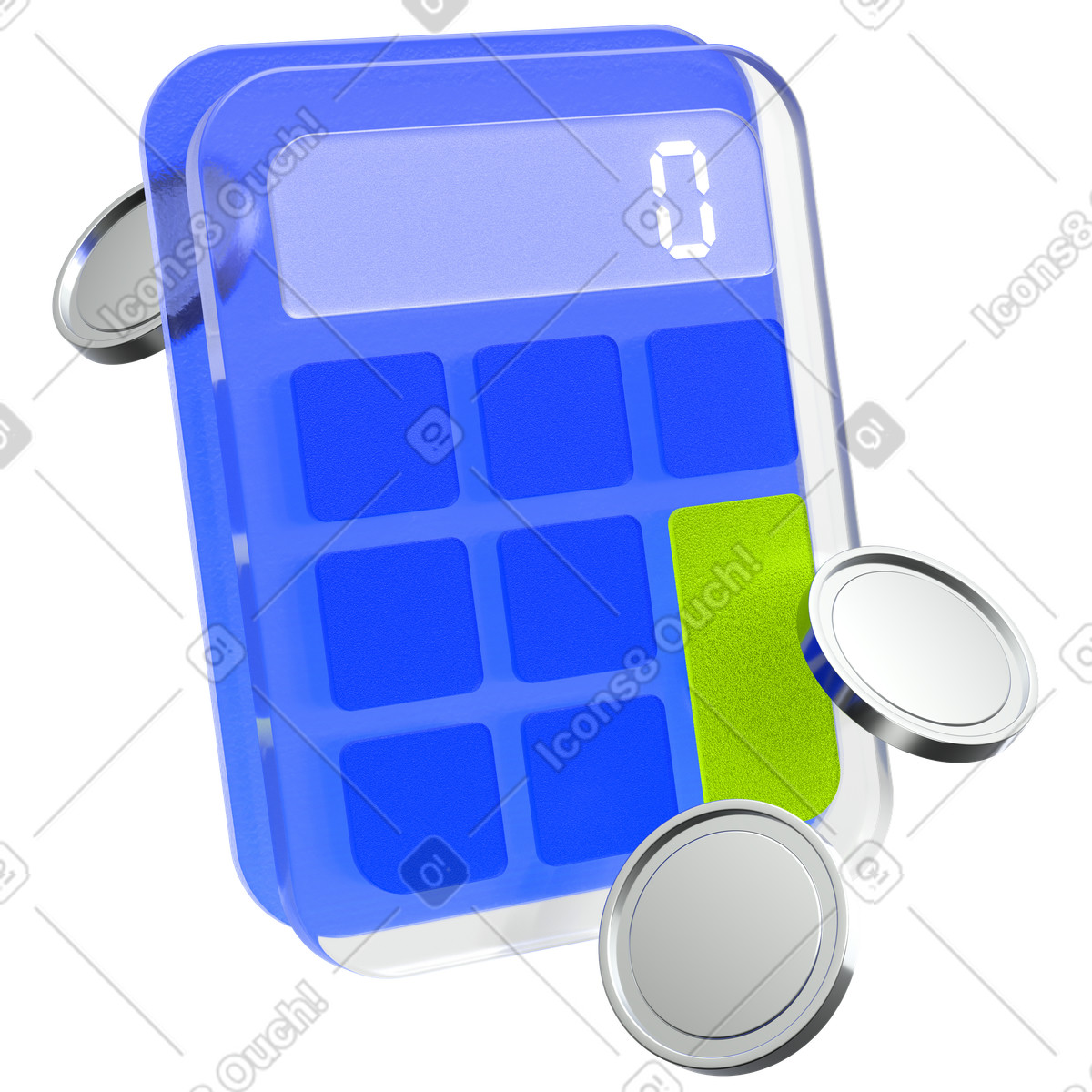 Illustration Glass calculator with coins dans le style 3D Enterprise à télécharger aux formats PNG, SVG