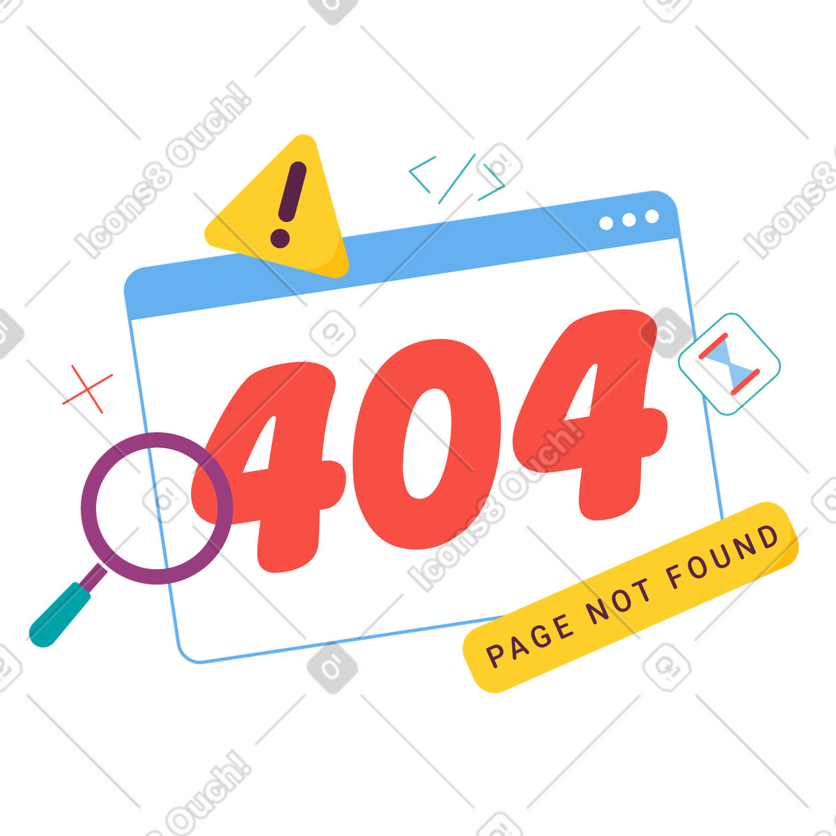 404 error page with magnifying glass and warning sign, Missing web content illustration in Sammy style download in PNG, SVG