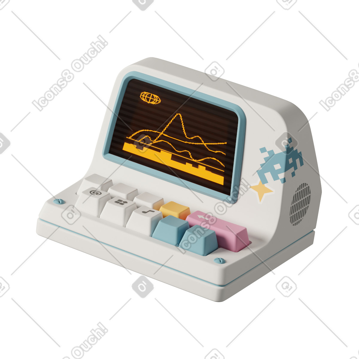 Retro mini computer with pixel graph screen illustration in 3D Casual life style download in PNG, SVG
