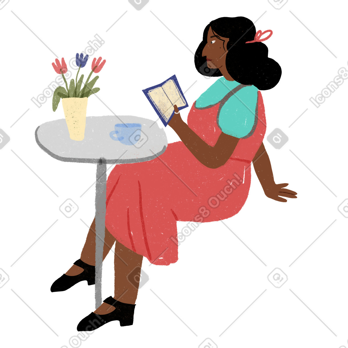 Woman reading a book illustration clipart image in a cafe setting PNG SVG GIF