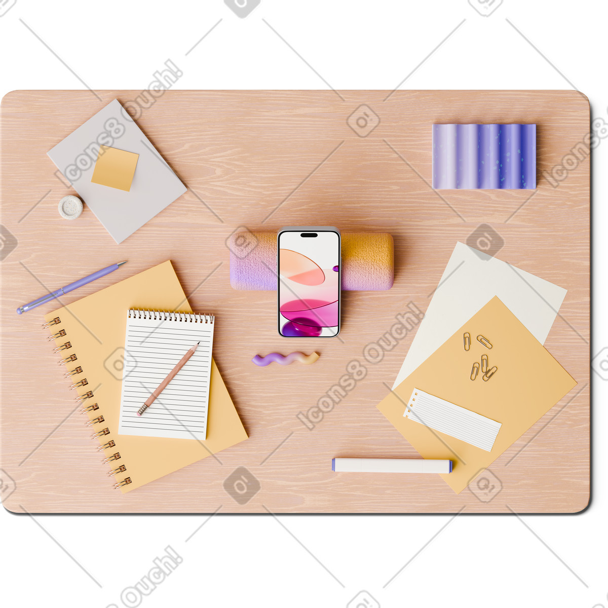 Ilustração de Vista superior da mesa com smartphone, notas e papéis em no estilo 3D Hygge para baixar em PNG, SVG