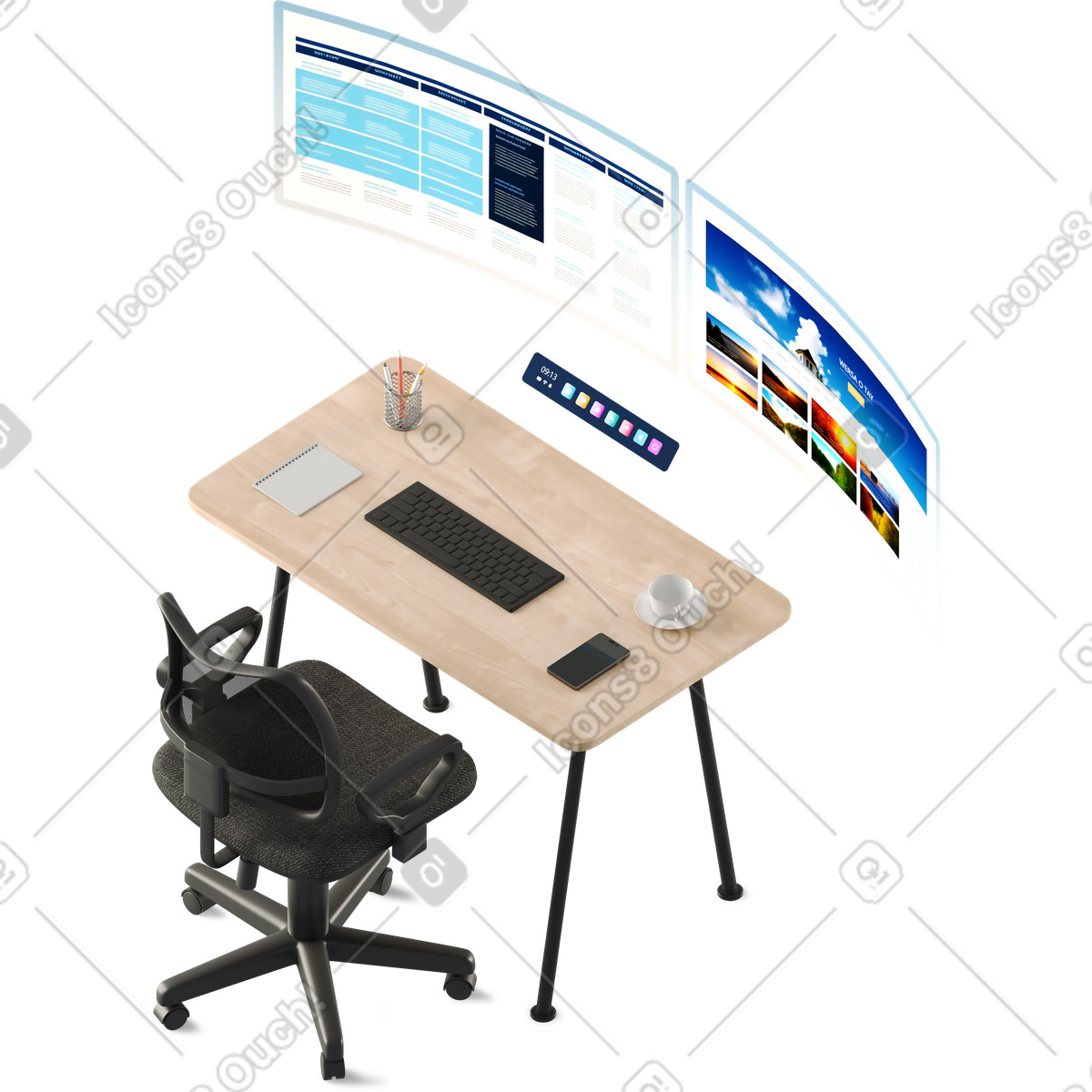 Illustration Table and vr-monitors dans le style 3D Business à télécharger aux formats PNG, SVG