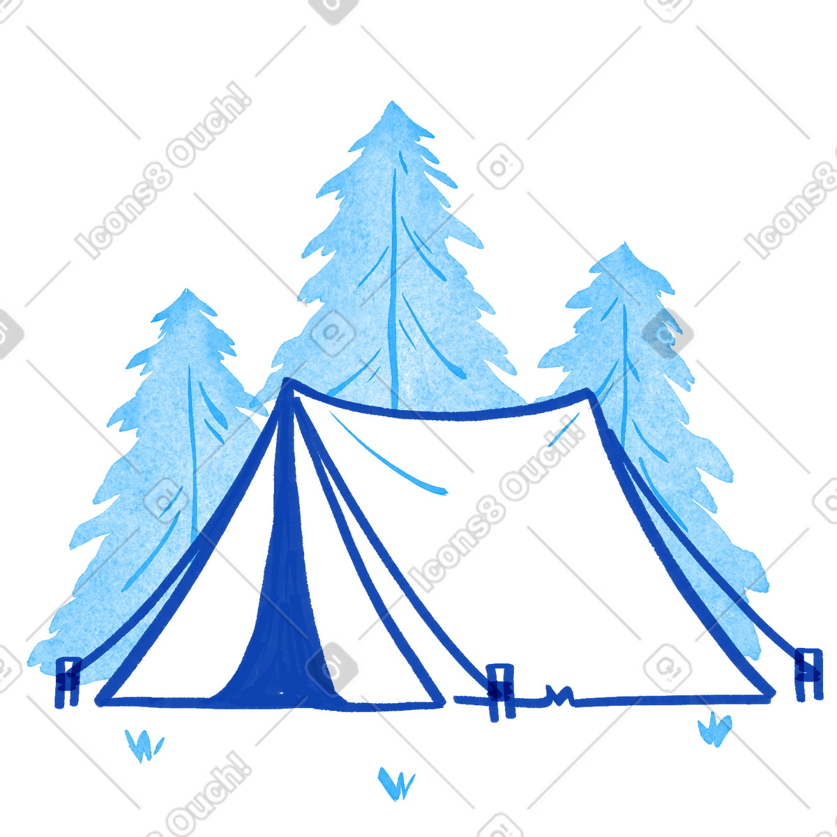 下载 Tint 风格的 Tent camping under tall pine trees in forest wilderness landscape 插画，支持 PNG、SVG 格式