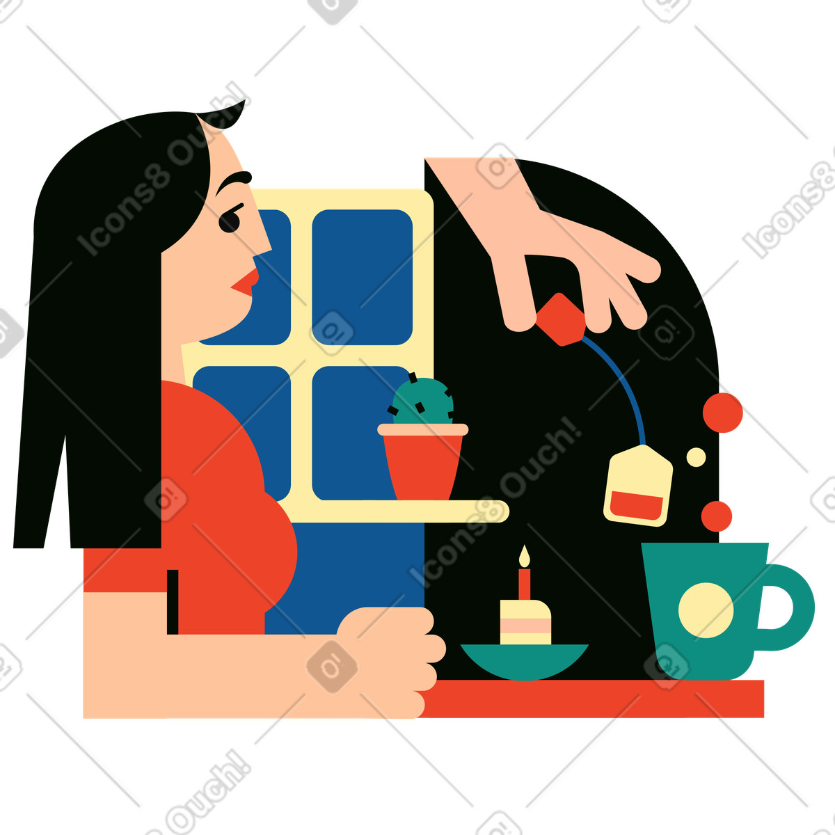 Frau mit geburtstagstorte, die tee trinkt-Illustration im Polar-Stil als Download in PNG, SVG