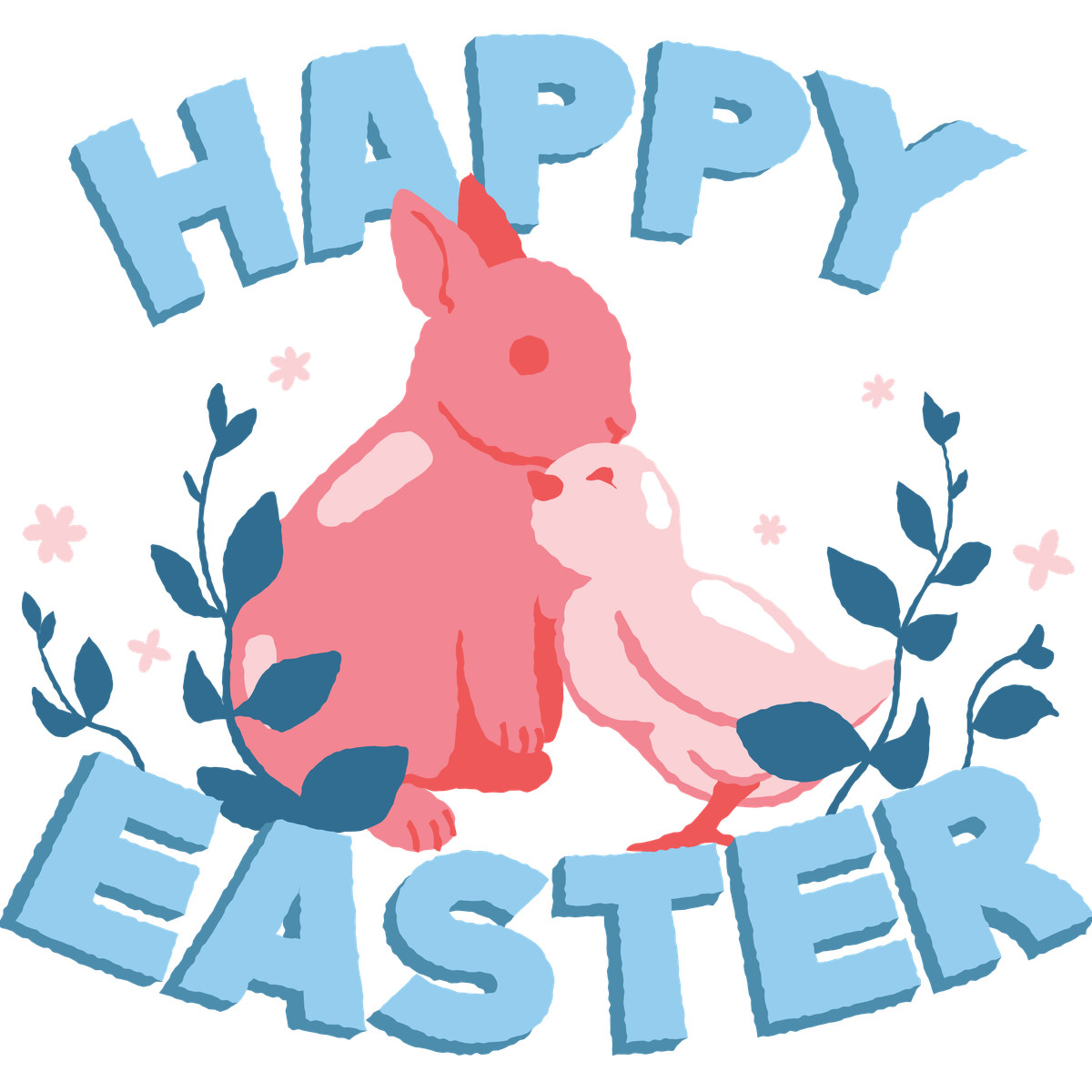 下载 Cherry 风格的 Happy easter lettering with rabbit and bird hugging 插画，支持 PNG、SVG 格式
