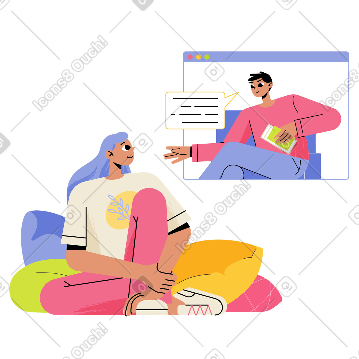 Juicy スタイルの Client talking to psychologist online, Virtual therapy or remote psychological consulting のイラストをPNG、SVG形式でダウンロード