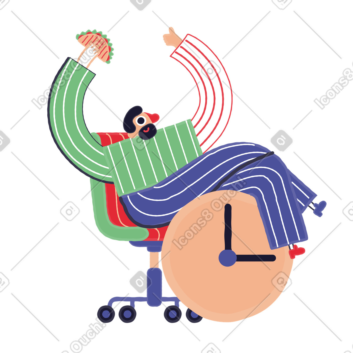 Stripy 스타일의 남자는 시계 위에 다리를 놓고 손에 음식을 들고 의자에 앉는다 일러스트레이션 PNG, SVG 다운로드