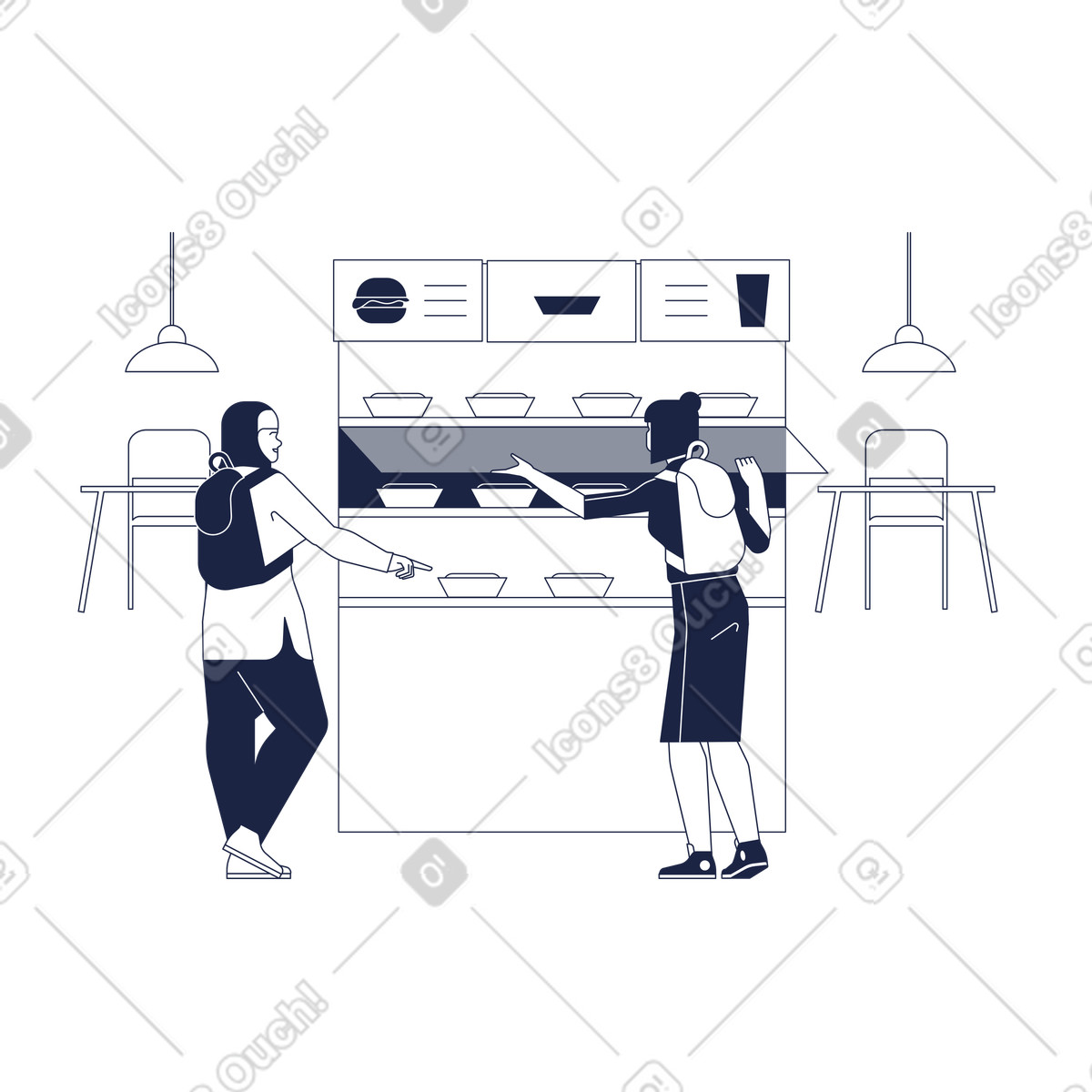 Due donne con zaini acquistano fast food al chiosco di cibo senza contatto nella caffetteria illustrazione in stile Urban Line scarica in PNG, SVG