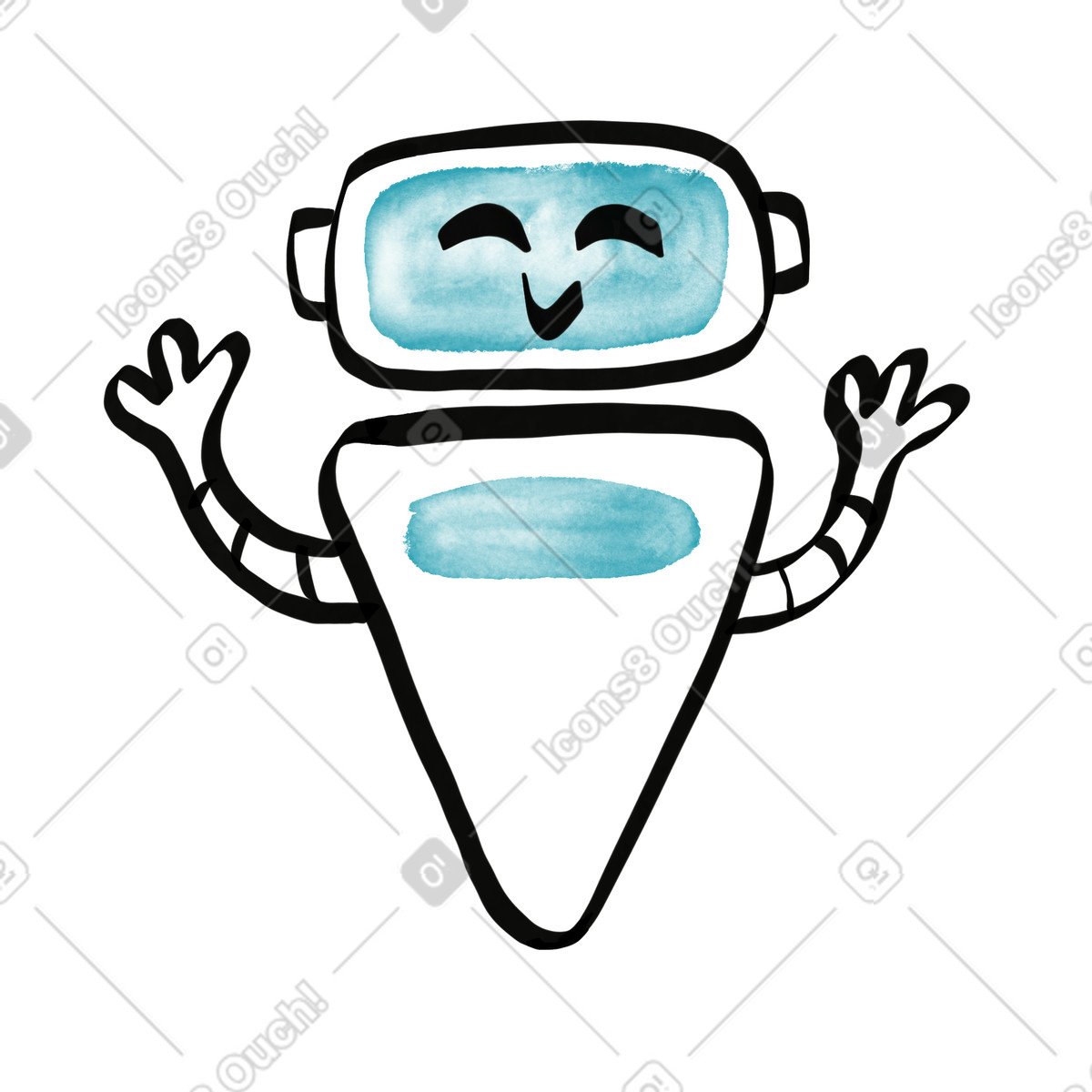 Ilustração de AI robot assistant waving hands with smiling face and blue watercolor details em no estilo sketch para baixar em PNG, SVG