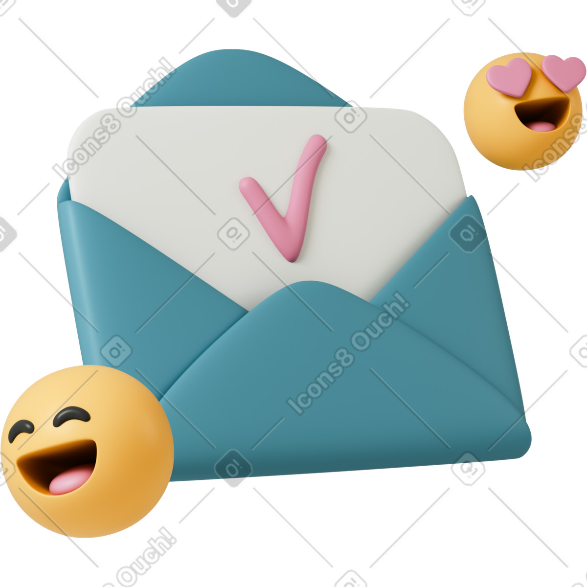 Busta con segno di spunta ed emoji, conferma via email e feedback positivo illustrazione in stile 3D Casual life scarica in PNG, SVG