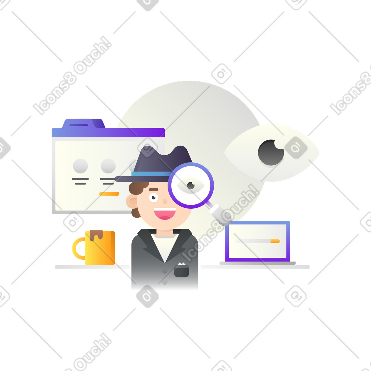 A man looking through a magnifying glass at a computer screen illustration in Hugo style download in PNG, SVG