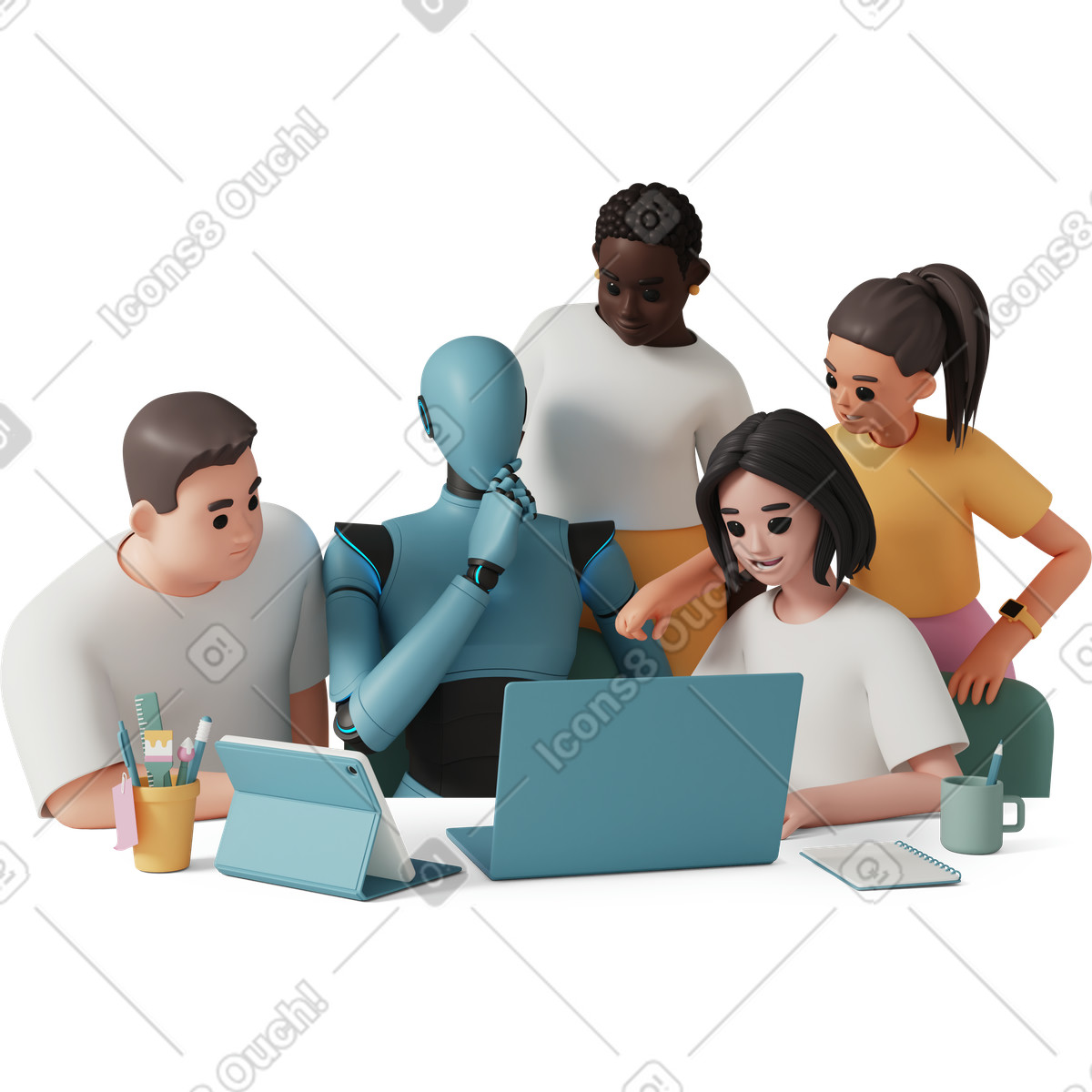 下载 3D Casual life 风格的 Group collaborating with robot on laptop, Teamwork and ai integration 插画，支持 PNG、SVG 格式