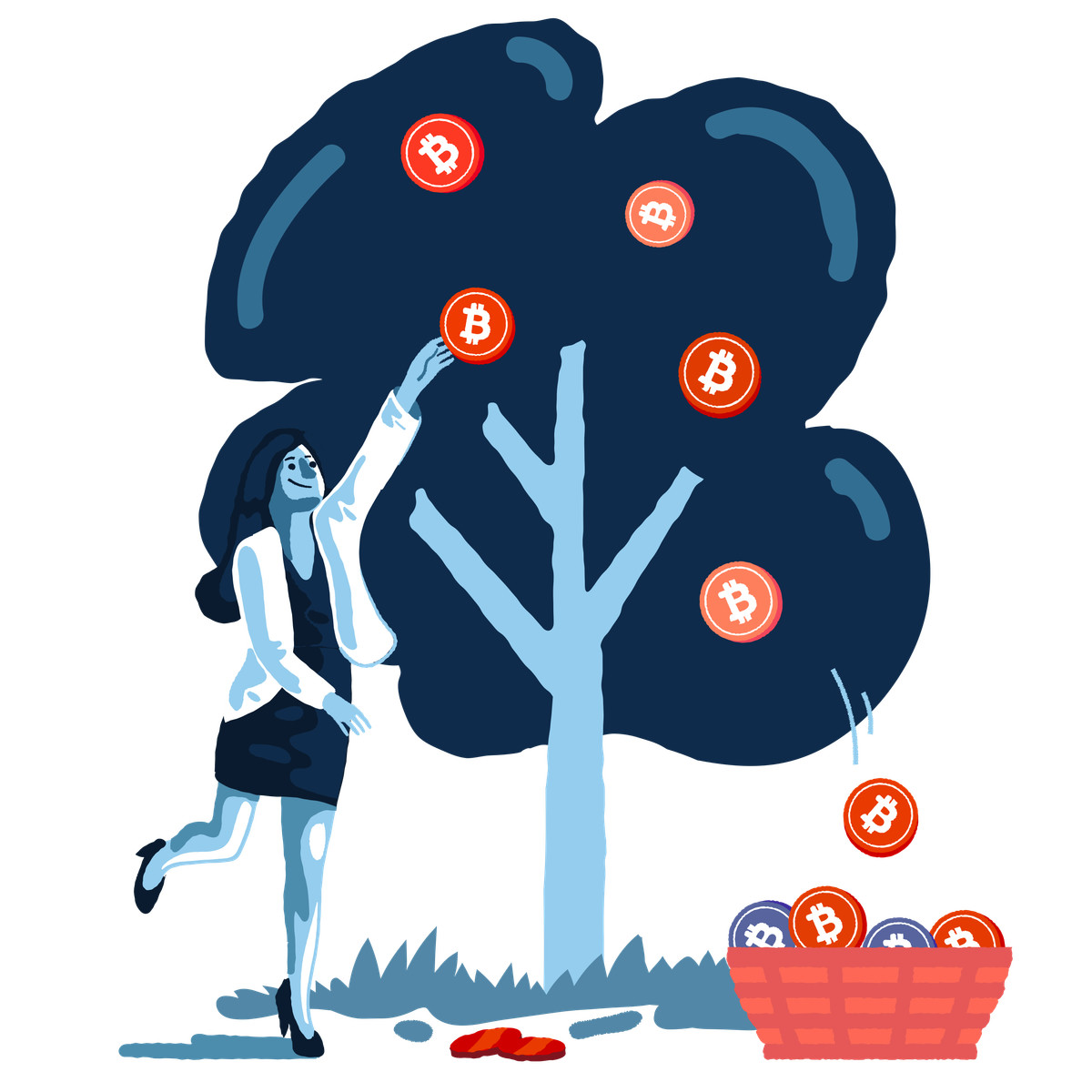 Иллюстрация Woman picking bitcoins in basket в стиле Cherry — скачать в форматах PNG, SVG