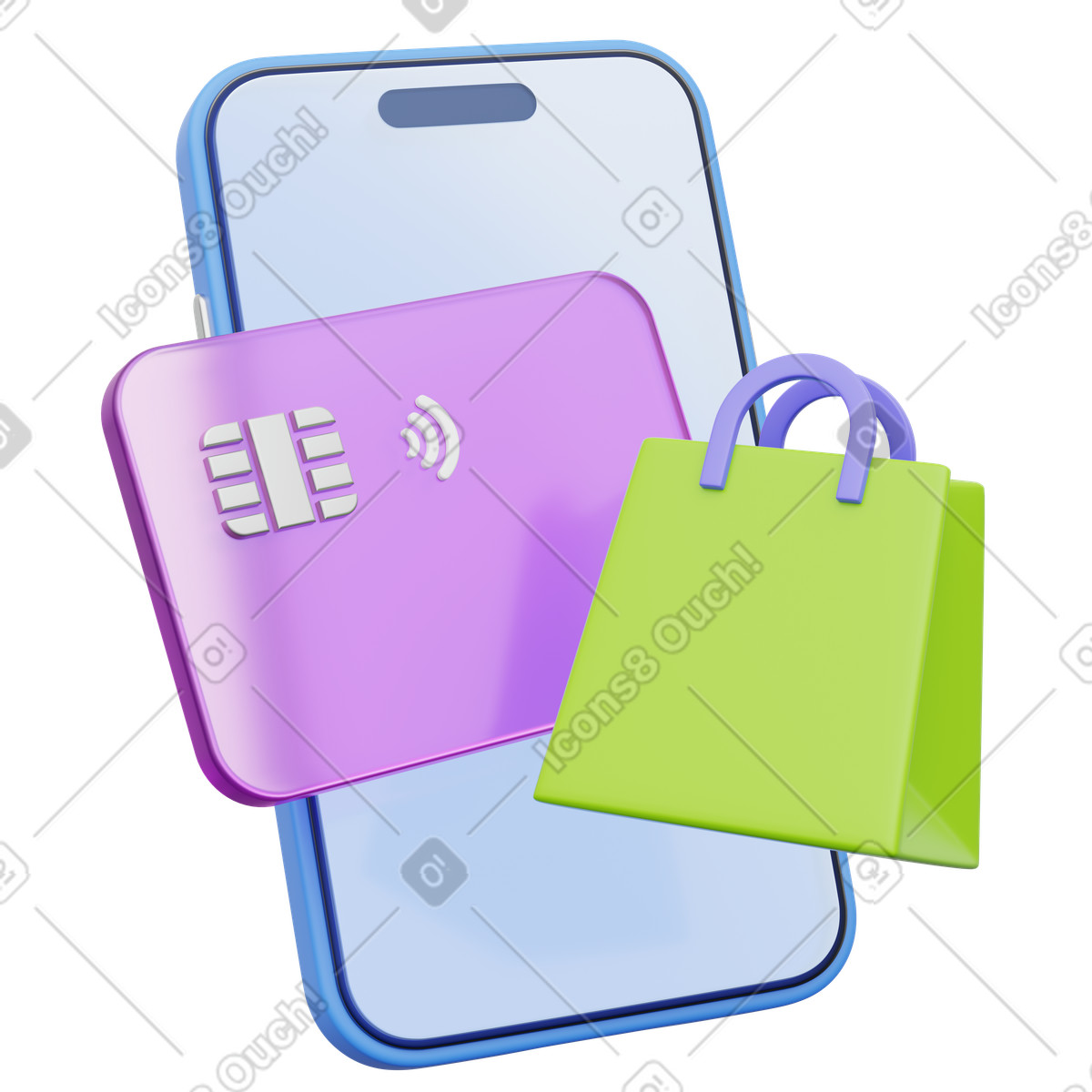 Mobile shopping cart, Phone with bags and credit card, E-commerce transaction illustration in 3D Playful style download in PNG, SVG