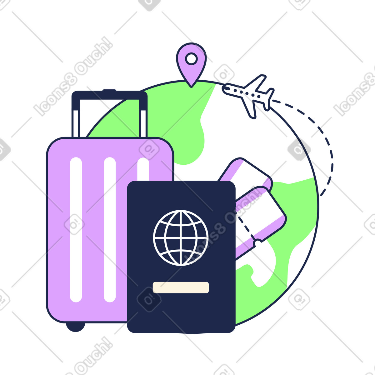 Outline スタイルの Suitcase, passport, and flight tickets in front of globe, International travel essentials のアニメーションイラストをGIF、Lottie (JSON)、AEでダウンロード