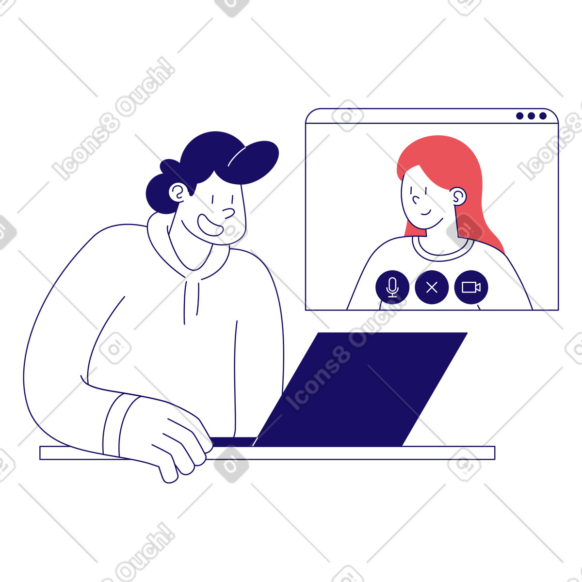 Uomo che parla con una donna durante videochiamata illustrazione in stile Bendy scarica in PNG, SVG