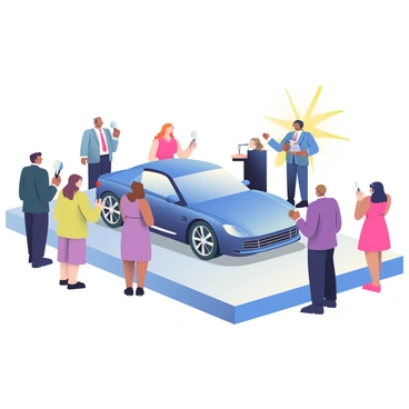 A luxurious car is prominently displayed on a polished stage at an auction event. The car is sleek and shiny, featuring a deep metallic blue finish with gleaming chrome accents. Surrounding the stage, several bidders are present, all dressed in formal attire. Some bidders are wearing tailored suits in dark colors, while others don elegant dresses in vibrant shades. The auctioneer stands at a podium, holding a microphone and engaging the audience. The atmosphere is filled with anticipation as bidders raise their paddles to place bids, and bright lights illuminate the scene, emphasizing the beauty of the car and the excitement of the auction.