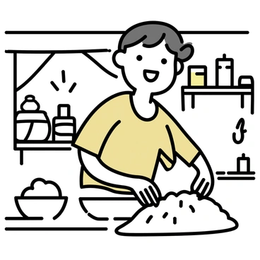 A hobbit, wearing a simple brown tunic, is joyfully baking bread in a rustic kitchen. The kitchen is filled with wooden shelves stocked with jars and utensils. Flour is scattered across the wooden countertop, and dough is being kneaded with both hands. There is a large bowl of dough rising next to him. Sunlight filters through a small window, illuminating the warm, inviting atmosphere of the kitchen. The hobbit's face is lit up with a smile, reflecting his happiness in the baking process.