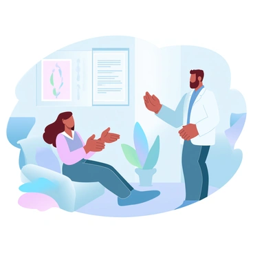 A psychologist is demonstrating deep breathing exercises to a patient sitting comfortably in a cozy room. The psychologist is standing beside the patient, showcasing the breathing technique with hand movements. The patient is seated in a relaxed position, with hands resting on their knees. The room is softly lit, with calming decor, including plants and cushions. A poster on the wall displays the steps of deep breathing in clear text. A gentle gradient of pastel colors fills the background, creating a soothing atmosphere.