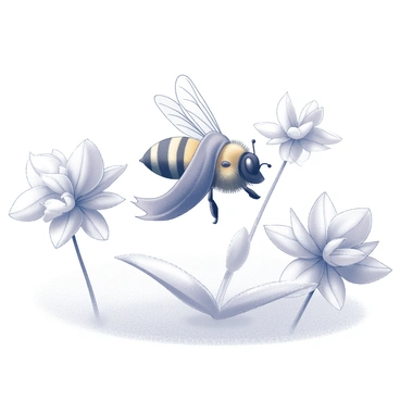 A bee with delicate wings is wearing a tiny scarf wrapped around its neck. It is flying through a snowy landscape, surrounded by frost-covered flowers that have a crystalline appearance. The snow blankets the ground, creating a soft, white surface, while the flowers, covered in frost, display intricate patterns. The bee is actively moving between the flowers, showcasing its curiosity and vibrant energy against the serene winter backdrop.