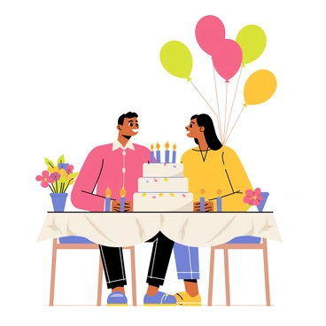 A couple celebrating their anniversary sitting at a table adorned with a festive tablecloth. The table is centered with a large, multi-tiered cake decorated with white icing and colorful sprinkles. Surrounding the cake are several glowing candles in decorative holders, casting a warm light. The couple is smiling and looking at each other, with a bouquet of flowers placed nearby. Balloons in various colors are floating above the couple, enhancing the joyful atmosphere.