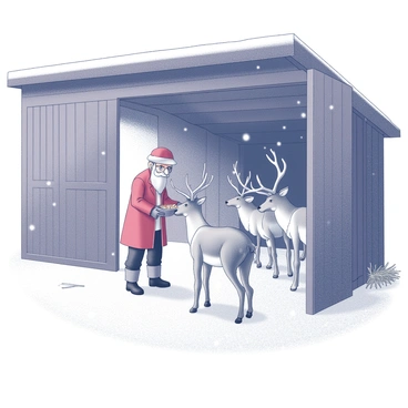 Weihnachtsmann feeding his reindeer in a snowy barn