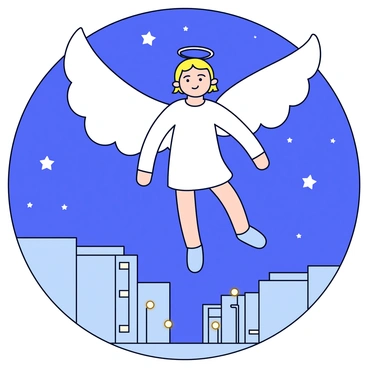 A large silhouette of a guardian angel with large, outstretched wings is cast over a sleeping city. The cityscape features simple, flat-roofed buildings with small windows, creating a minimalistic view. The night sky is filled with small, white stars that twinkle softly. Below, the streets are empty, and a few streetlights emit a warm glow, illuminating the ground. The overall scene conveys a sense of calm and protection.