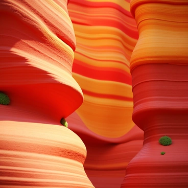 A close-up view of a canyon wall showcasing colorful rock layers. The rock layers display various shades of red, orange, yellow, and brown, creating a vivid pattern. Some layers are smooth and flat, while others have jagged edges, indicating erosion. The texture of the rock reveals fine grains and bold striations. Sunlight illuminates the layers, enhancing their colors and creating dynamic shadows. There are also small patches of vegetation clinging to the crevices of the rock.