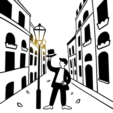 A charming rogue tipping his hat, standing next to a vintage lamp post on a cobblestone Parisian street. The street is lined with quaint buildings, each adorned with balcony flower boxes. Shadows are cast by the warm glow of the lamp post, creating a contrast between light and dark. The cobblestones are slightly wet, reflecting the lamplight. A gentle breeze moves leaves around, creating a sense of motion in the scene.