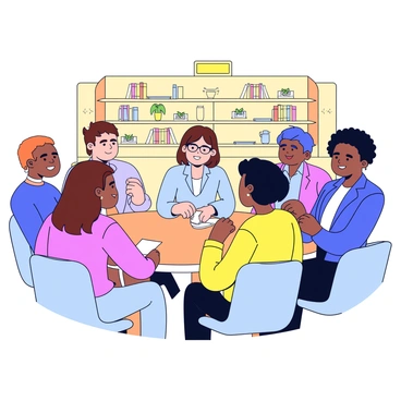 A woman with shoulder-length brown hair is sitting at a round wooden table in a cozy café. She is wearing a light blue blouse and glasses. Around her are four young professionals of diverse backgrounds, each engaged and listening attentively. The café has warm lighting and wooden shelves lined with books and plants. In front of the woman is a notebook and a cup of coffee, while the young professionals have notepads and pens in hand as they take notes. The atmosphere is friendly and focused.