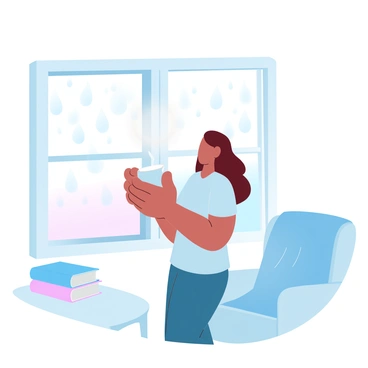 A person is standing by a window, gazing outside. The window is covered in raindrops, creating a blurred view of the world beyond. The individual is holding a steaming cup of tea close to their chest with both hands. The scene is cozy, illuminated by soft, warm light. There is a small stack of books on a nearby table and a plush blanket draped over a chair, adding to the intimate atmosphere of the room.