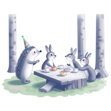 A hedgehog standing on its hind legs, wearing a small, colorful party hat. The hedgehog is positioned at a low table made of a fallen log, which is set up for a tea party in a forest clearing. Around the table, there are small, mushroom-shaped teacups arranged neatly. Various forest friends, including a rabbit, a squirrel, and a chipmunk, are gathered around the table. Each animal has a unique expression, engaged in conversation and enjoying the gathering. The background features trees with textured bark and a carpet of green moss covering the ground.
