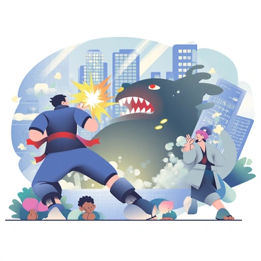 A group of jujutsu sorcerers are engaged in an intense battle amidst a cityscape. One sorcerer, with short black hair and wearing a dark blue uniform, is throwing a powerful energy blast towards a monstrous creature. The creature is large and shadowy, with glowing red eyes and jagged teeth, looming over a crumbling building. In the background, tall skyscrapers are visible, some with shattered windows, while a stormy sky adds to the tension of the scene. Debris is flying through the air as another sorcerer, dressed in light gray, performs an intricate hand sign, summoning a protective barrier. A few spectators in the foreground are watching the chaos unfold, their expressions a mix of fear and awe. Smoke and sparks fill the air, enhancing the dramatic atmosphere of the battle.