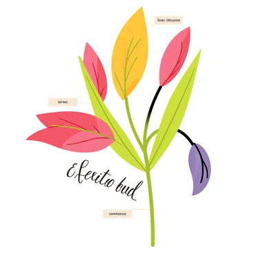 A vintage-style botanical illustration featuring several exotic flower buds in various stages of bloom. The flower buds display vivid colors, including deep reds, bright yellows, and rich purples, with intricate details on their petals and leaves. Each flower is placed against a light background to enhance visibility. “Exotic Flower Bud” is labeled in elegant script underneath the central bud, while smaller labels with scientific names are attached to the other buds, carefully positioned to complement the composition.