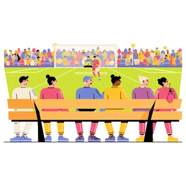 A group of cartoon-style players sitting on a wooden bench, their expressions filled with excitement and anticipation. Each player is wearing a colorful uniform, showing their team colors with different patterns. In the background, a vibrant sports field is visible, with an intense game in progress. The players on the bench are leaning forward slightly, some with hands on their knees, while others are whispering to each other, eagerly observing the action. Brightly colored flags and cheering fans can be seen in the stands, adding to the lively atmosphere.