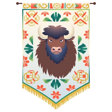 A large ceremonial banner features a prominent bison head at its center. The bison head has detailed features, including large curved horns, deep-set eyes, and a thick, shaggy mane. The colors of the bison head are rich browns and blacks, accentuated by lighter tan highlights along the fur. Surrounding the bison head are intricate patterns and symbols representing nature, such as leaves and tribal motifs in vibrant colors of green, red, and gold. The banner itself is made of textured fabric, flowing gracefully to the sides, enhancing the overall visual impact of the design.