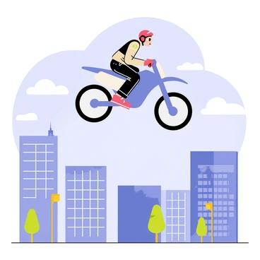 A motorbike with a sleek design is mid-air, performing a daring stunt jump above a city street. Below, tall buildings with large windows create an urban backdrop, while a few trees and a traffic light are visible on the ground. The motorbike rider is wearing a bright red helmet and protective gear, showcasing determination and skill as they soar above the cityscape. Clouds are scattered in the blue sky, adding a dynamic element to the scene.