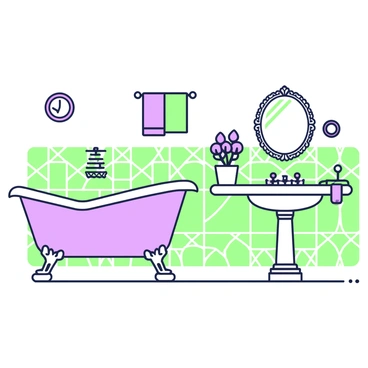 A bathroom featuring vintage accessories and fixtures. The sink has a classic design with ornate detailing, placed on a white countertop. Above the sink, there is a round mirror framed in a decorative style. To the left, an old-fashioned bathtub is adorned with silver claw feet. The walls are covered with geometric patterned tiles, adding a retro touch. On the countertop, a small vase holds a bouquet of flowers. A towel rack is mounted nearby, showcasing neatly folded towels. A vintage clock hangs on one of the walls, completing the nostalgic atmosphere.