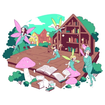 A vibrant scene showcases a magical village filled with colorful cottages and lush greenery. Fairies with delicate wings adorned in shades of teal and pink are dancing gracefully around a wooden stage embellished with twinkling lights. Some fairies are gathered, sharing stories while sitting on oversized mushrooms, and their faces are lit with joy. In the background, there are bookshelves overflowing with ancient books and scrolls, while a gentle breeze rustles through the leaves of nearby trees. The atmosphere is filled with laughter and warmth as the fairies celebrate their love for literature.