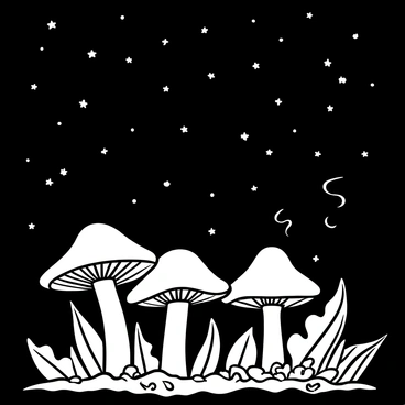 A circle of mushrooms with illuminated caps surrounded by an intricate arrangement of leaves and twigs on the ground. Above, a sky filled with numerous stars, scattered across the black expanse. The mushrooms emit a soft glowing light, enhancing the enchanting atmosphere of the scene. A few wisps of mist drift through the air, adding to the mystical setting.