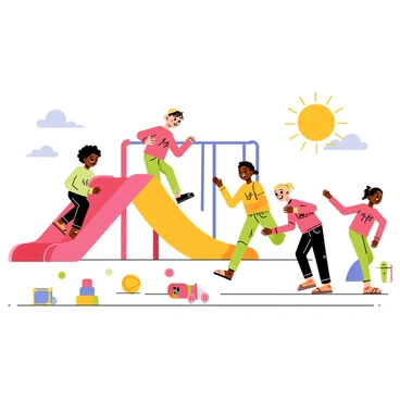 A colorful playground filled with children of different races engaging in play. One child with curly black hair climbs up a bright red slide, while a child with straight black hair swings back and forth on a blue swing. Nearby, a child with light brown skin and braided hair laughs while playing tag with a child with blonde hair and freckles. Various toys like a yellow ball and multicolored building blocks are scattered around. The sun shines brightly, illuminating the joyful expressions on their faces as they enjoy their time together.