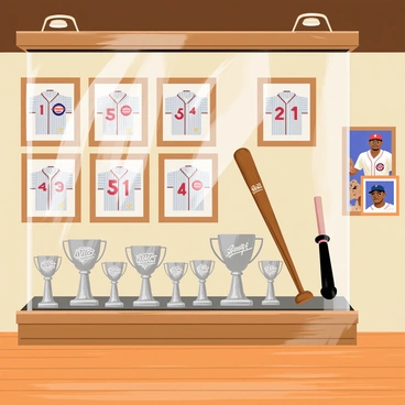 A baseball hall of fame interior featuring a polished wooden display case. Inside the case, there are several shiny silver trophies with intricate engravings. Various baseball jerseys with colorful team logos hang on the walls, each showcasing a different famous player. Framed photographs of legendary players make up a collage on another wall. A baseball bat, signed by a renowned athlete, is displayed prominently. The floor is polished hardwood, reflecting the bright overhead lights illuminating the entire scene.