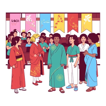 A group of students is gathered in a school auditorium, showcasing their cultural heritage through traditional attire. Each student is dressed in vibrant clothing representing different cultures; one student wears a red kimono adorned with floral patterns, while another wears a blue sari decorated with intricate gold embroidery. Nearby, a student in a teal dashiki is chatting with a peer in a white lederhosen. Colorful banners hang in the background, each displaying the names of different cultures. The atmosphere is lively, with students exchanging smiles and showcasing their outfits while participating in various cultural activities.