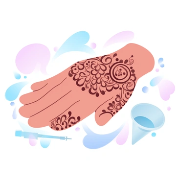 A hand is resting on a flat surface, adorned with intricate henna designs in a traditional style. The henna patterns are detailed and elaborate, featuring swirling vines, floral motifs, and geometric shapes that cover the entire surface of the hand and fingers. Surrounding the hand are small tools used for applying henna, including a cone filled with henna paste. Soft lighting enhances the rich brown tones of the henna against the natural skin tone of the hand, creating a striking contrast.