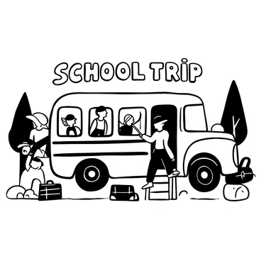A group of children with backpacks standing in a line, eagerly preparing to board an old bus with a classic design. The bus is parked on a dirt road surrounded by trees. Some children are climbing the bus steps, while others are adjusting their hats and laughing. A few small suitcases and lunch bags lie scattered on the ground nearby. Above the bus, the words "School Trip" are displayed prominently. The scene captures a sense of excitement and anticipation for the adventure ahead.