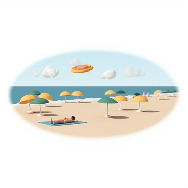 A brightly colored frisbee flying above a sunbather lying on a sandy beach. The sunbather is wearing sunglasses, a red swimsuit, and is relaxing on a blue towel. Surrounding the sunbather are numerous colorful umbrellas in shades of yellow, green, and blue, providing shade to other beachgoers. The sky is clear and bright, with a few fluffy white clouds scattered. In the background, gentle waves are lapping at the shore, adding to the beach atmosphere.