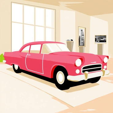 A 3D rendering of a classic car displayed in an elegant showroom